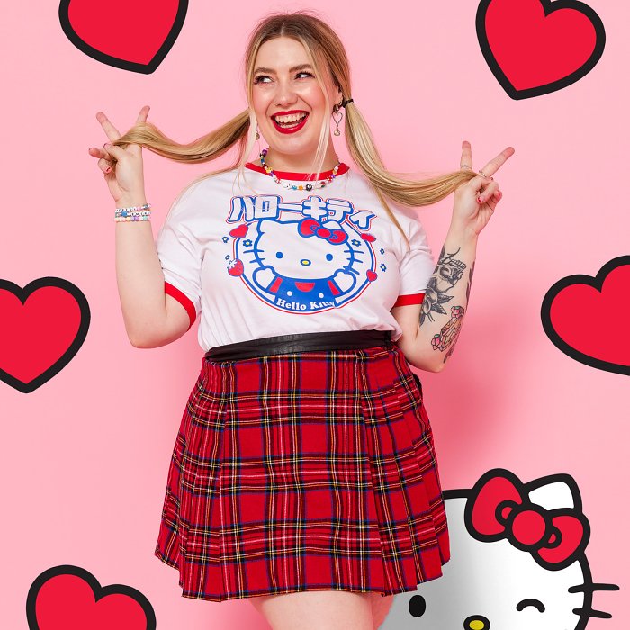 Hello Kitty Retro Japanese White And Red Ringer T-Shirt