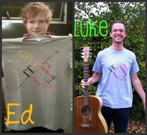 Ed Sheeran and Luke Concannon showing off one25's awesome Give It Up t-shirts Ed Sheeran and Luke Concannon showing off one25's awesome Give It Up t-shirts